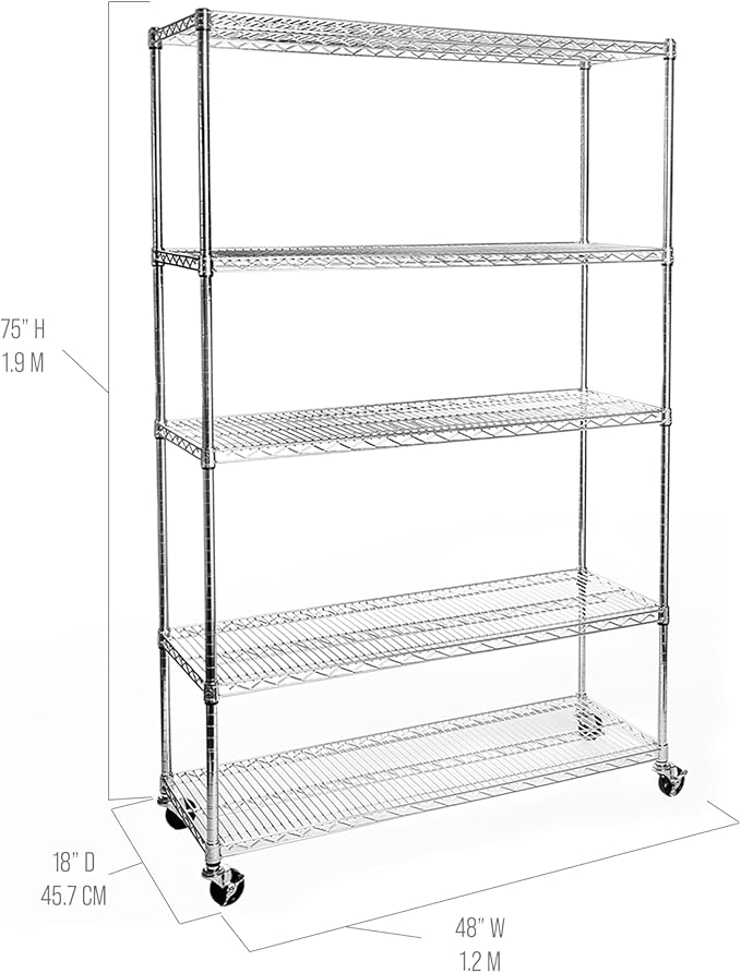 Seville Classics UltraDurable Heavy Duty NSF Solid Steel Wire Rack Storage Unit Organizer for Garage, Warehouse, Office, Restaurant, Classroom, Kitchen, 5-Tier Shelving, 48" W x 18" D-Ruum Studio Home