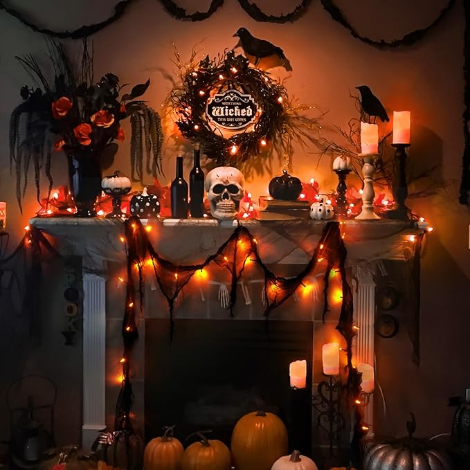 Halloween Horror Atmosphere Lights, Orange&Purple LED String Lights with 9.9FT Creepy Black Gauze, Battery Powered with Timer & 8 Flashing Modes (2 Pack Orange)-Ruum Studio Home