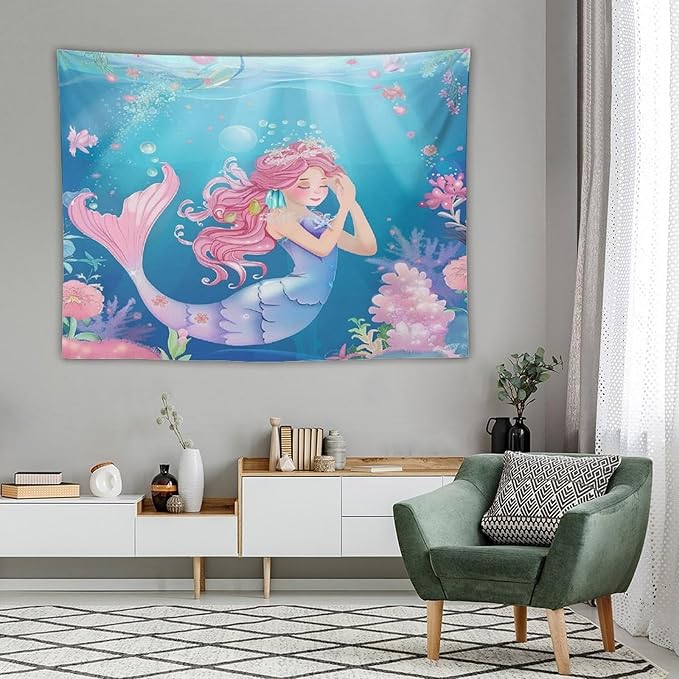 HZOHNAGO Mermaid Girls Tapestry Watercolor Flowers Mermaid Princess Blessing Pattern for Kids Room Decoration Printed Wall Tapestry Wall Hanging for Bedroom Living Room Dorm 80" W x 60" H-Ruum Studio Home