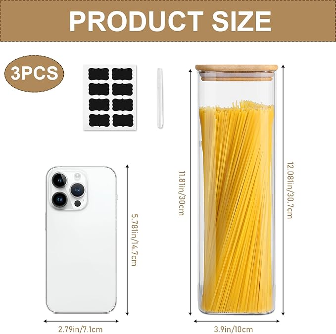 Glass Food Storage Jars with Lids(76oz)Square Set of 3 ,Glass Storage Containers Clear Glass Food Canister with Bamboo Lid Airtight For Serving Tea, Coffee Beans, Flour,Cookie, Cereal,Spice and More-Ruum Studio Home