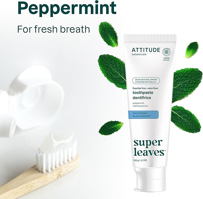 Attitude Fluoride-Free Whitening Toothpaste, Peppermint Flavor, Vegan & Cruelty-Free, Sugar-Free, Plant & Mineral-Based Ingredients, Clean Oral Care, 4.2 Oz-Ruum Studio Home