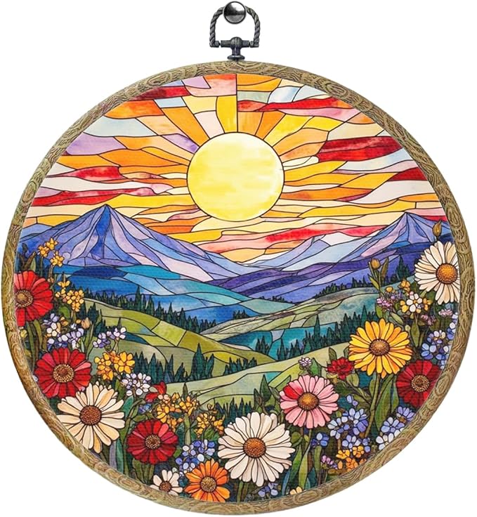 Wildflowers Sunset Flower Floral Garden Decor, Gift for Mom, Nature Lover Gift Framed Round Wall Decor Canvas Wall Art Hanging Prints Artwork for Home Living Room Office Decorations 10.2X10.2 Inch-Ruum Studio Home