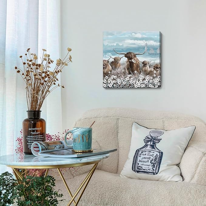 Canvas Wall Art Bathroom Coastal Boho Farmhouse Highland Cow Flower Picture Floral Artwork Rustic Country Landscape Longhorn Animal Painting for Living Room Bedroom Kitchen Décor Blue Brown Small-Ruum Studio Home