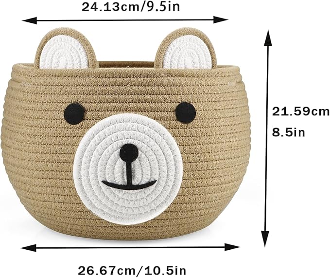 PandaEar Cotton Rope Baby Basket, Baby Gift Basket Nursery Laundry Organizer with Cute Bear Design for Storage Infant Newborn Essentials, Diaper Caddy with Handle (Brown)-Ruum Studio Home