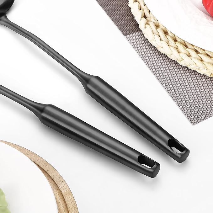 304 Stainless Steel Cooking Utensil,Kitchen Kitchen Utensil with Spatula, Solid Spoon, Ladle, Skimmer, Spaghetti Spoon, 6 Piece Set, Dishwasher Safe(Black)-Ruum Studio Home