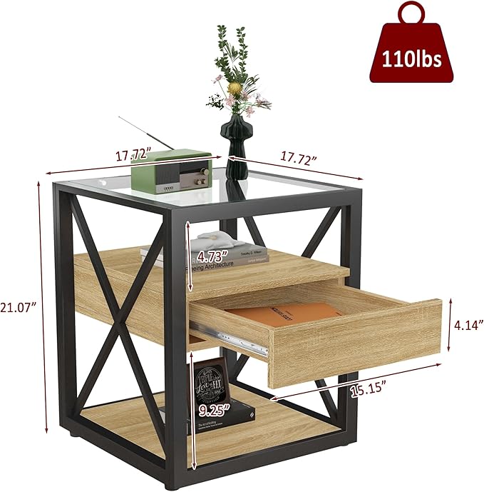 Farmhouse End Table, Modern Side Table with Drawer&3-Tier Storage Shelf, Square Rustic Nightstand, Accent Tea Table, for Bedroom Office Living Room, Brown, Natural Wood, Glass, Metal-Ruum Studio Home