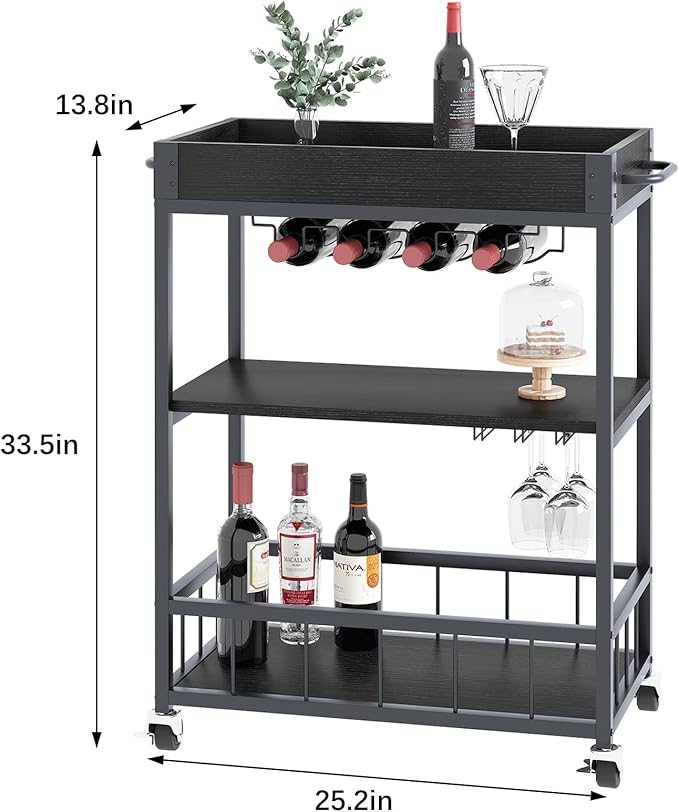 Bar Cart Serving Wine 3 Tier Home Rolling Rack with Wheels Mobile Kitchen Industrial Vintage Style Wood Metal Serving Trolley Serving Cart, Drink Cart for Living Room Kitchen-Ruum Studio Home