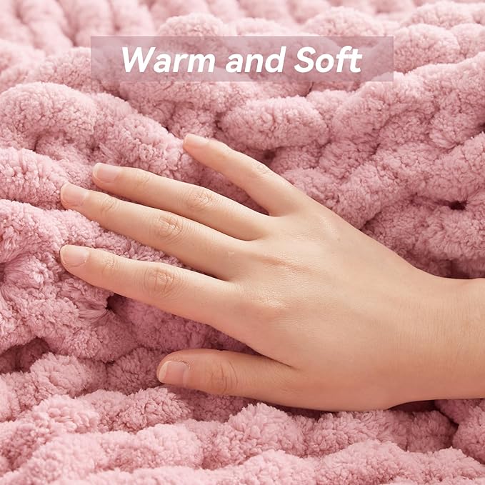 Chunky Knit Throw Blanket, 60''*80'' Knitted Throw Chenille Yarn for Bed Couch, Handmade Light Pink Crochet Big Thick Blanket, Machine Washable Cute Comfy Blanket for Home Decor-Ruum Studio Home