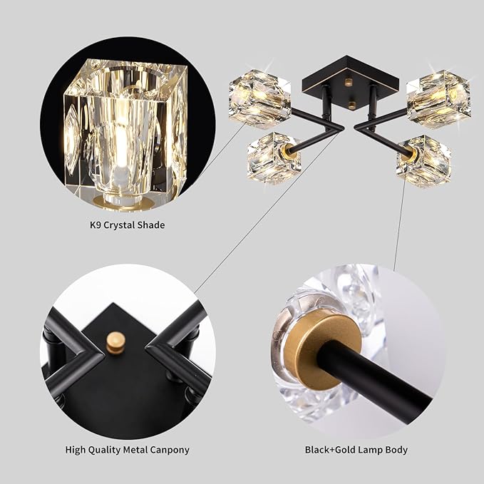 Modern Crystal Ceiling Light,Semi Flush Mount Ceiling Light Fixture with 4-Lights,Black and Gold Sputnik Chandeliers for Bedroom,Dining Room,Farmhouse Kitchen,Office,Entryway Hallway-Ruum Studio Home