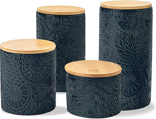 American Atelier Embossed Canister 4-Piece Ceramic Set Jar Container with Wooden Lids for Cookies, Candy, Coffee, Flour, Sugar, Rice, Pasta, Cereal & More-Ruum Studio Home