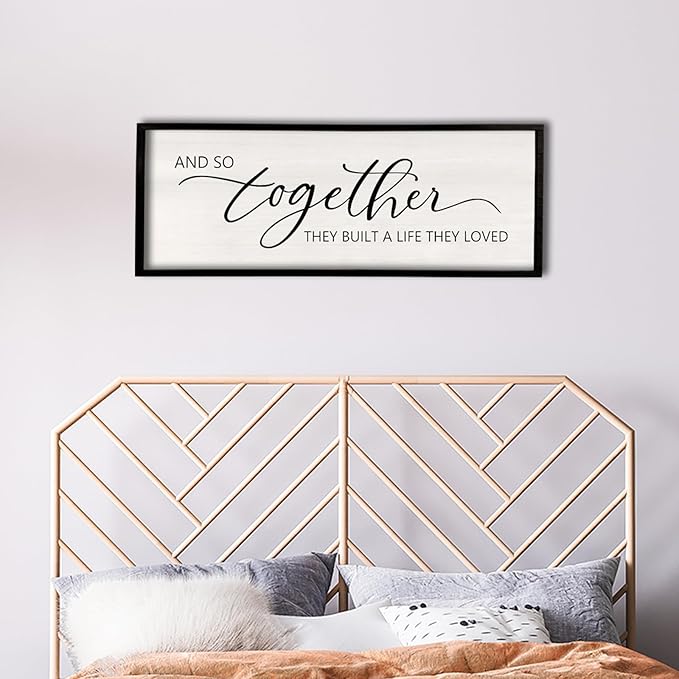 And So Together They Built A Life They Loved Framed Wood Farmhouse Sign - 32'X12' Master Bedroom Above Bed Wall Art for Love Sign Decor (Black)-Ruum Studio Home