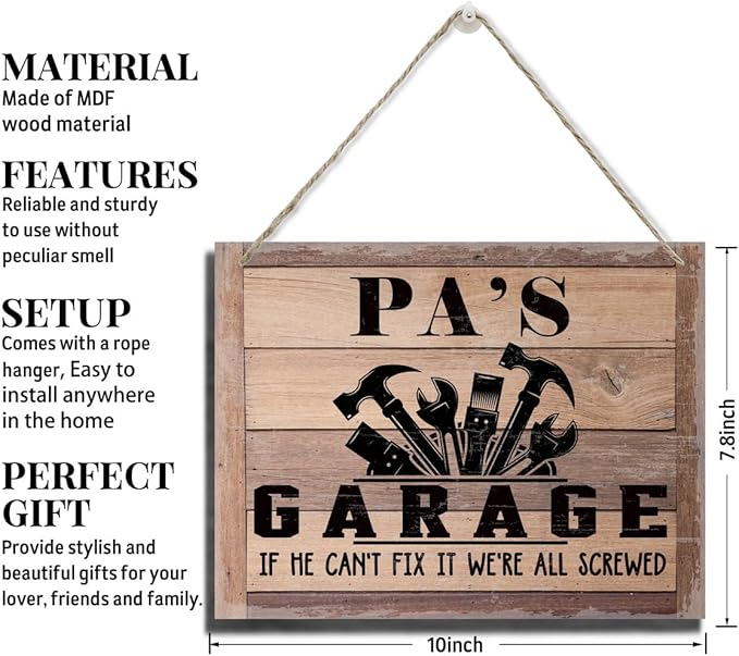 Rustic Father's Day Gift for Dad, Grandpa - Pa's Garage Decor Hanging Wood Sign - If He Can't Fix It We're All Screwed - Vintage Printed Wall Art-Ruum Studio Home