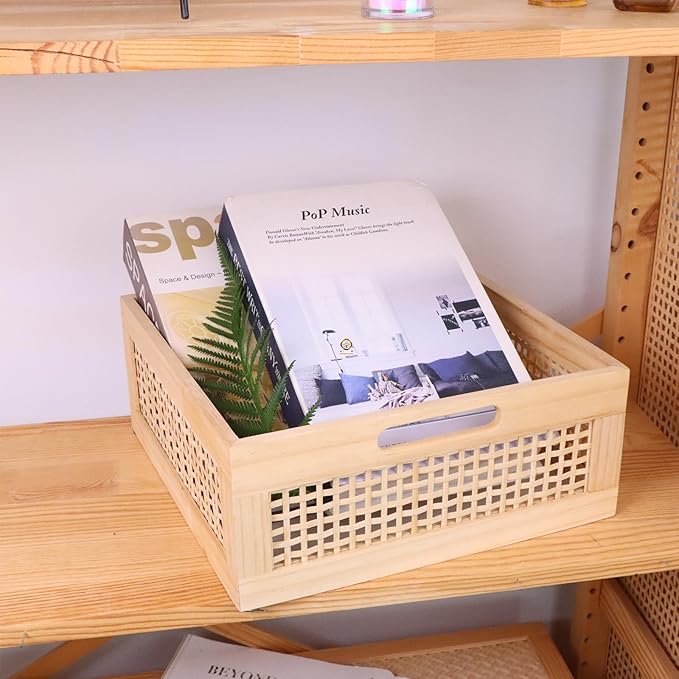 YRMT Wood Storage Crate Basket Rustic Wooden Storage Container for Organizing Decorative Bamboo Box with Handles for Pantry, Shelves Organizer 11.4" x 11.4" x 5" (Natural)-Ruum Studio Home