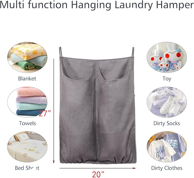 100% Pure Linen Dual Hanging Laundry Bag with 2 Deep Pocket and 2 Side Zipper 20x27in, Over The Door Laundry Hamper Space Saving Hampers for Dirty Clothes Home Travel, Grey-Ruum Studio Home