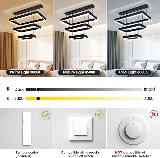 Modern 3 Rings Rectangle Chandelier for Living Room - Adjustable Height Luxury Foyer Lighting Fixture for High Ceiling, Hanging Dining Room LED Pendant Light-Ruum Studio Home