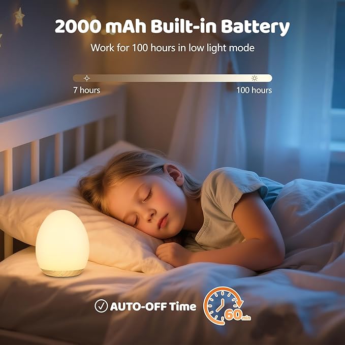 MediAcous Night Lights for Kids Room, Baby Night Light with 7 Colors Changing & Dimming Function, Rechargeable Kids Night Light with 1 Hour Timer & Touch Control, Up to 100H, Wood Grain-Ruum Studio Home