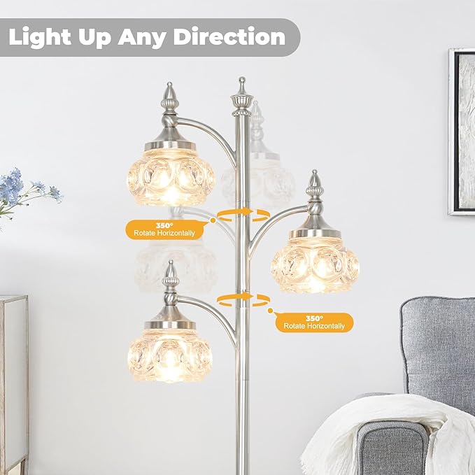 Brushed Nickel Floor Lamp 66.5'' Tall Standing Lamp Dimmable Tree Floor Lamps with 3 LED Lights Glass Shades Silver Lamp for Living Room Bedroom Office(3 Bulbs Included)-Ruum Studio Home