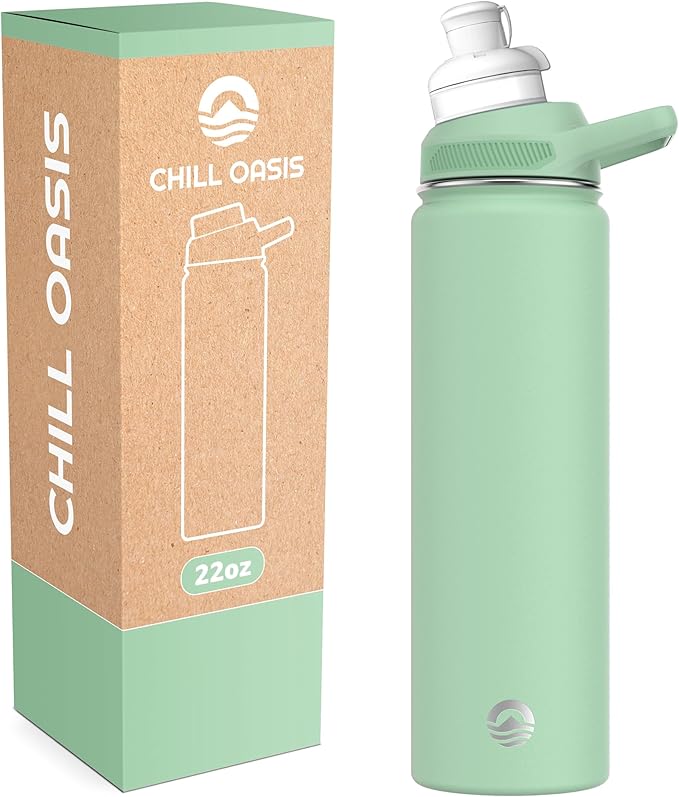 Chill Oasis Water Bottle | Compatible With Popular Flavor Cartridges | BPA Free, Leak Proof, Double-Walled Vacuum Insulated Stainless Steel, and Dishwasher Safe | Cold for 24 Hours (Sage, 22oz)-Ruum Studio Home
