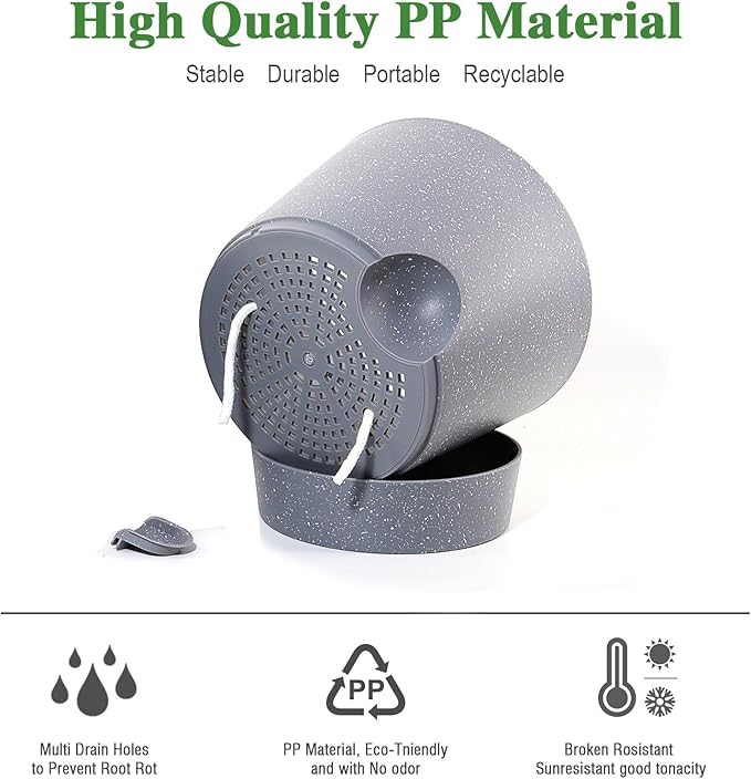 Self Watering Pots for Indoor Plants,12 inch Planters with Drainage Holes Plastic Flower Pots with Deep Reservoir, Grey Speckles-Ruum Studio Home