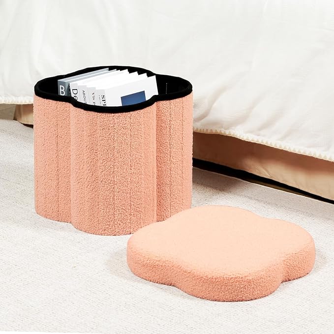 B FSOBEIIALEO Storage Ottoman Cube, Flowers Shaped Ottomans with Storage Foot Stool Footrest for Lving Room, Boucle Ottoman Seat for Dorm Room,Faux Teddy Fur, Orange 12.6"x12.6"x12.6"-Ruum Studio Home