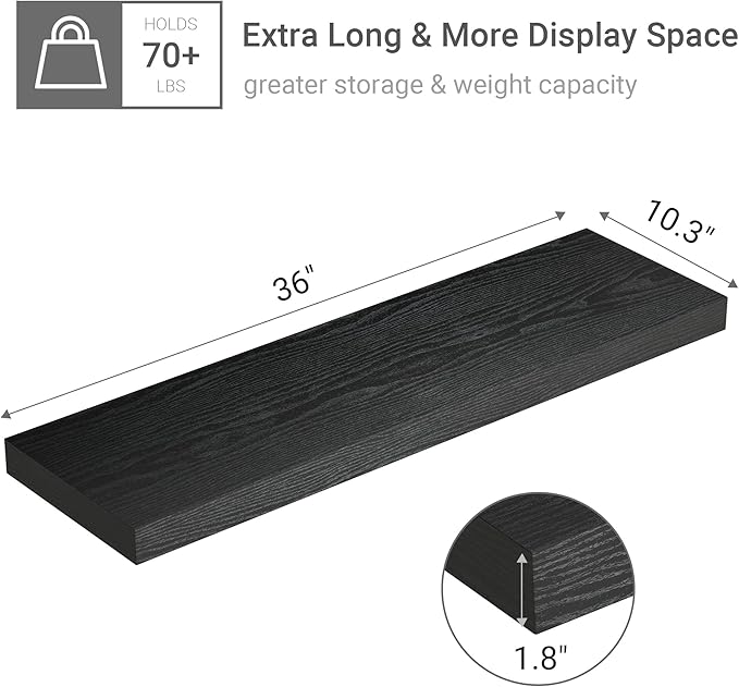 Black Floating Shelves for Wall 10 inch Deep, 36” x 10.3” x 1.8”, Large Wall Shelves for Bedroom, Bathroom, Living Room, Kitchen, Office, Modern Shelf Home Decor with Invisible Bracket-Ruum Studio Home