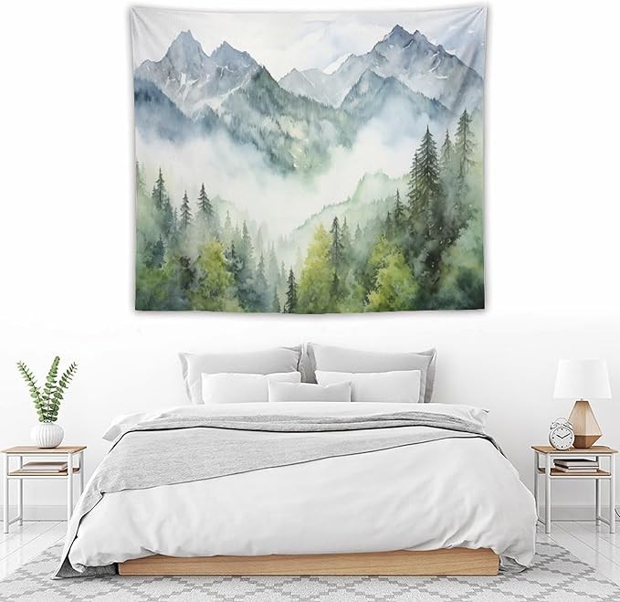 HZOHNAGO Mountain Tapestry Misty Green Forest Mountain Pattern Printed Wall Tapestry Wall Hanging for Bedroom Living Room Dorm 60" W x 50" H-Ruum Studio Home