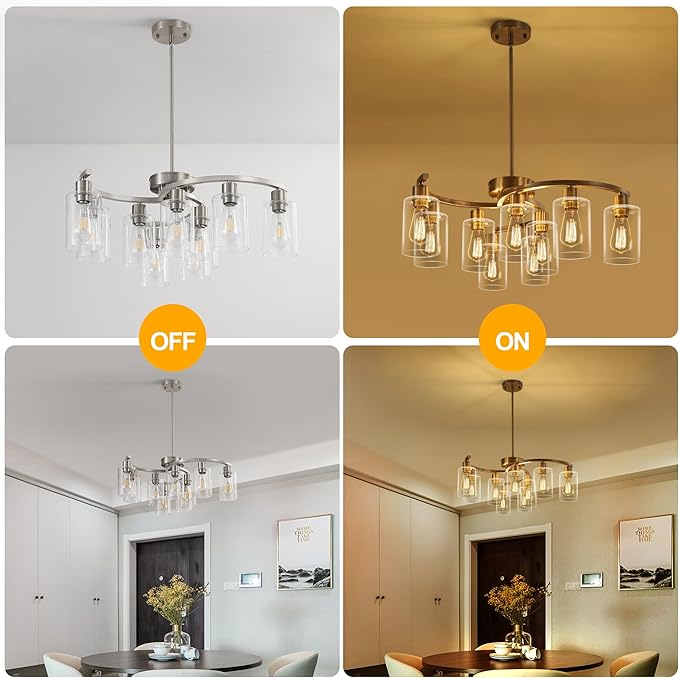9-Light Brushed Nickel Glass Chandelier, Adjustable Height Hanging Industrial Dining Room Chandelier Over Table, Modern Farmhouse Chandelier for Kitchen Island Living Room Entryway Bedroom-Ruum Studio Home