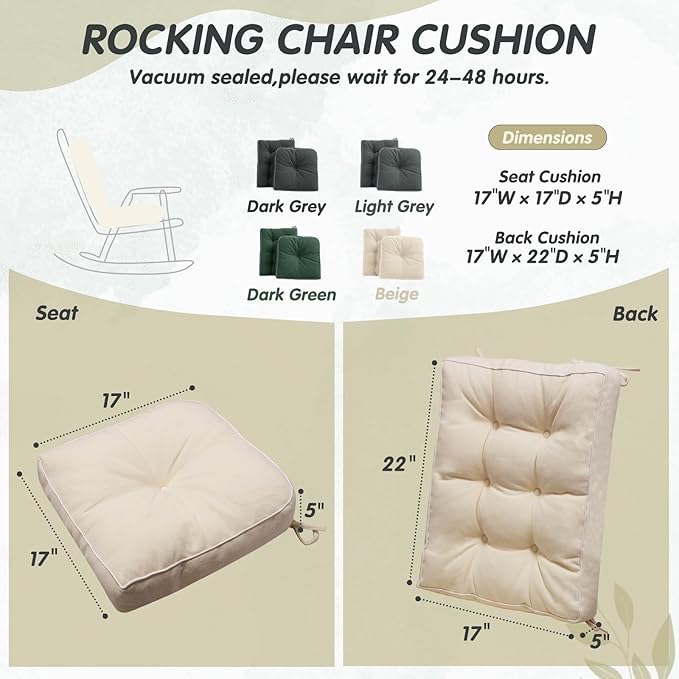 YZ HOME Rocking Chair Cushion, Set of Thicken Seat & Back Chair Cushions with Memory Foam, Non-Slip Chair Pad with Ties for for Indoor&Outdoor Rocker, Beige, 22x17x5/17x17x5-Ruum Studio Home
