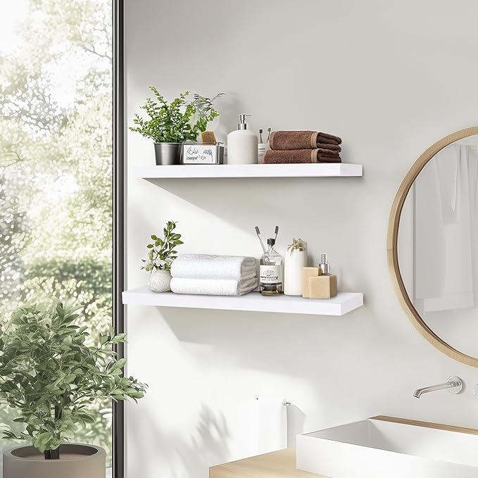 24"x6.8"x1.2" Solid Wood Floating Shelves 2-Pack - Rustic White Finish with Hidden Brackets, Perfect for Storage and Décor in Living Room, Kitchen, Bedroom-Ruum Studio Home