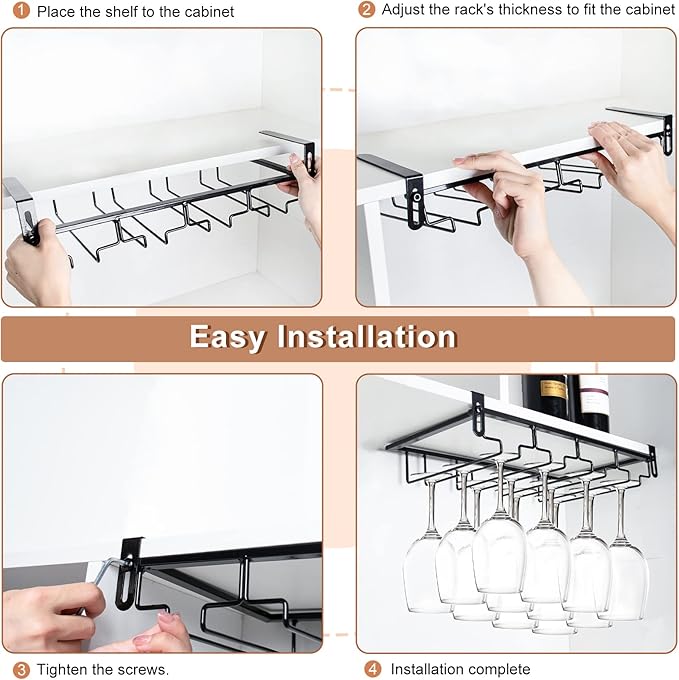 AUHOKY 2Pcs Adjustable Under Cabinet Stemware Metal Glass Holder, Hanging Wine Glass Storage Hanger Organizer for Shelf Kitchen Bar Decor(4 Rows, Black)-Ruum Studio Home