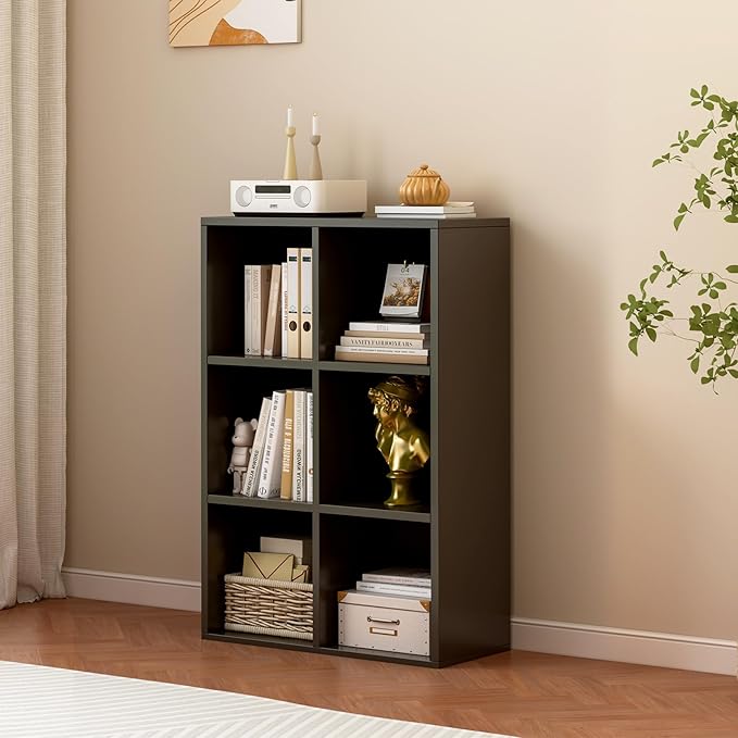 6-Cube Storage Shelf Bookcase - Wooden 3-Tier Floor Standing Open Bookshelf for Home and Office, Display Cabinet, Black-Ruum Studio Home