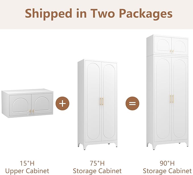 Kitchen Pantry Cabinet, 90" Tall Metal Pantry Cabinet, Food Cupboards with Doors and Shelves, Freestanding Storage Cabinets for Dining, Living Room, 16"D x 32"W x 90"H, White, Assembly Required-Ruum Studio Home