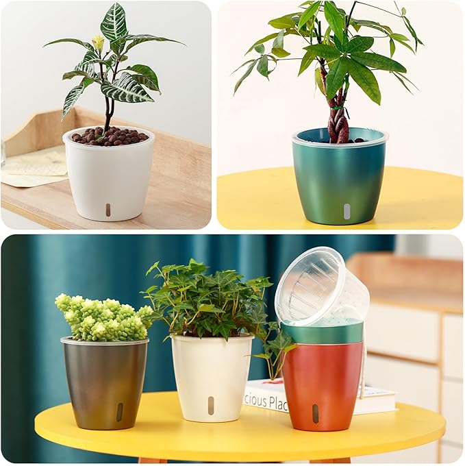 Self Watering Pots for Indoor Plants, 4-Pack 6.7'' Self Watering Planter with Drainage Holes, Small African Violet Pots with Water Indicator, Clear Wick Orchid Pot, Blue Gold-Ruum Studio Home