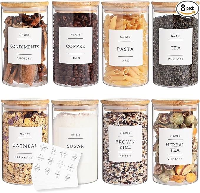8 Pack Glass Jar with Airtight Bamboo Lid and White 132 Kichen Pantry Labels Preprinted - 21 Oz Clear Round Glass Food Storage Containers set For Tea Coffee Sugar Spice-Ruum Studio Home
