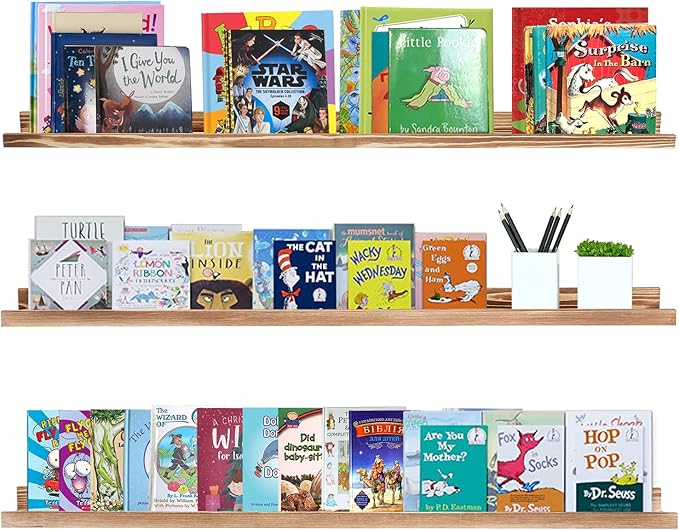 AZSKY Picture Ledge Shelf Wall Ledge Floating Shelves for Photo Frames Kids Book Shelves Wall Mounted Burnt Wall Display Shelf Wooden Frame Ledge 48 Inches Set of 3 Bathroom Organizer Shelves-Ruum Studio Home