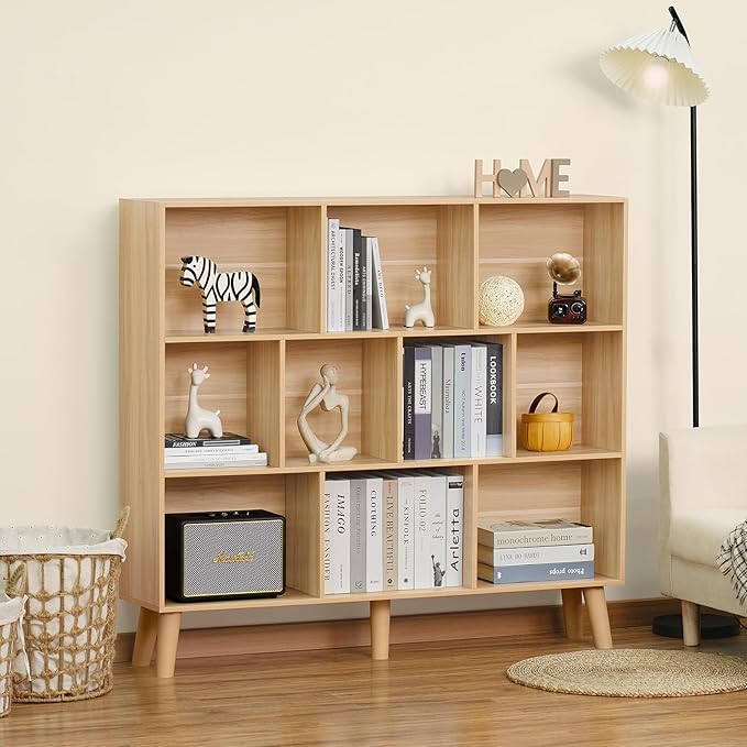 LEYAOYAO 10 Cube Bookshelf,3 Tier Modern Wide Bookcase with Legs,Mid-Century Wood Bookshelves Storage,Natural Large Book Case,Freestanding Organizer Display Shelf for Bedroom,Living Room,Office-Ruum Studio Home