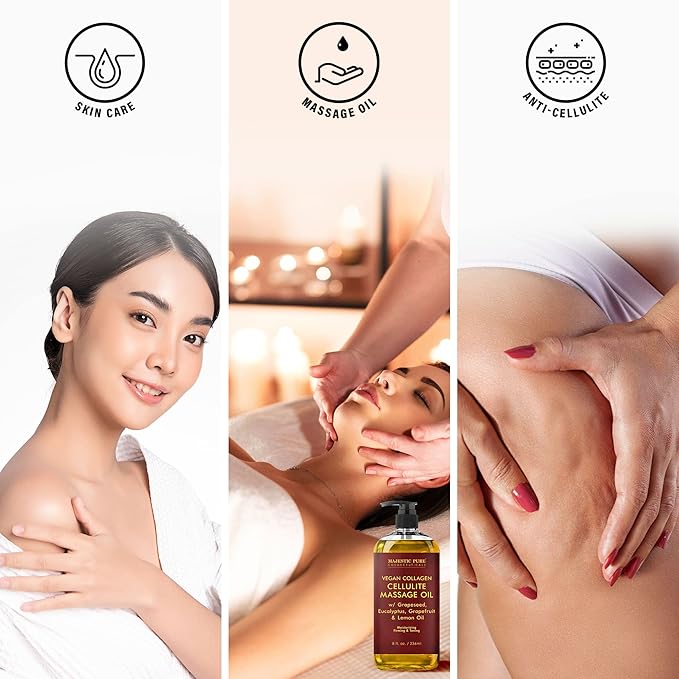 Majestic Pure Anti Cellulite Massage Oil for Massage Therapy - Refreshing, and Relaxing - Natural Oils with Vegan Collagen, Stem Cells & Cellulite Cream - All Skin Types - Men and Women - 8 fl oz-Ruum Studio Home