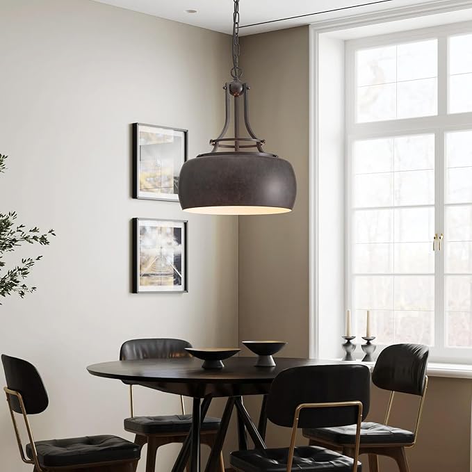 WUZUPS Chandelier Rustic Farmhouse Industrial Round Ceiling Pendant LED Light Fixture with Open Bottom Drum Shade, H 15.7" x W 13.4", Distressed Rust-Ruum Studio Home