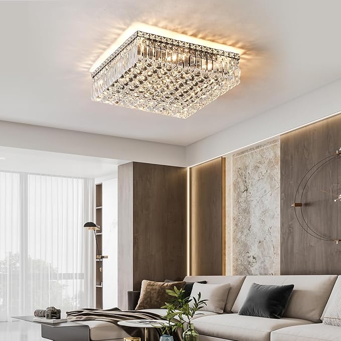 12-Lights Black Crystal Flush Mount Ceiling Light Fixtures,Elegant Crystal Chandelier Pendant Ceiling Lamp for Bedroom,Living Room,Dining Room,Hallway H5.9 x W20 x L20 (Bulb Not Included)Square-Ruum Studio Home
