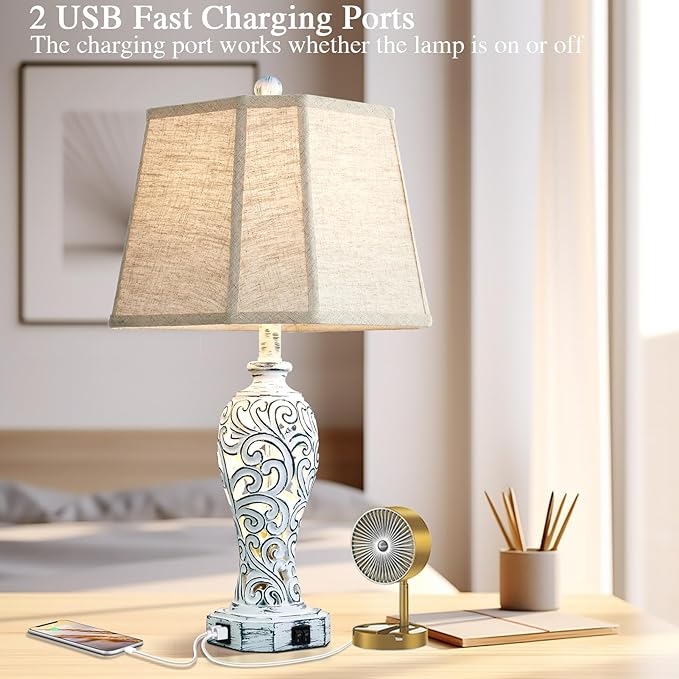 25'' Farmhouse Table Lamps Set of 2 for Living Room Bedroom, 2 USB Ports Rustic Vintage Nightstand Table Lamp with Nightlight, Hollow Out Resin Lamp for End Table (Bulbs Included)-Ruum Studio Home