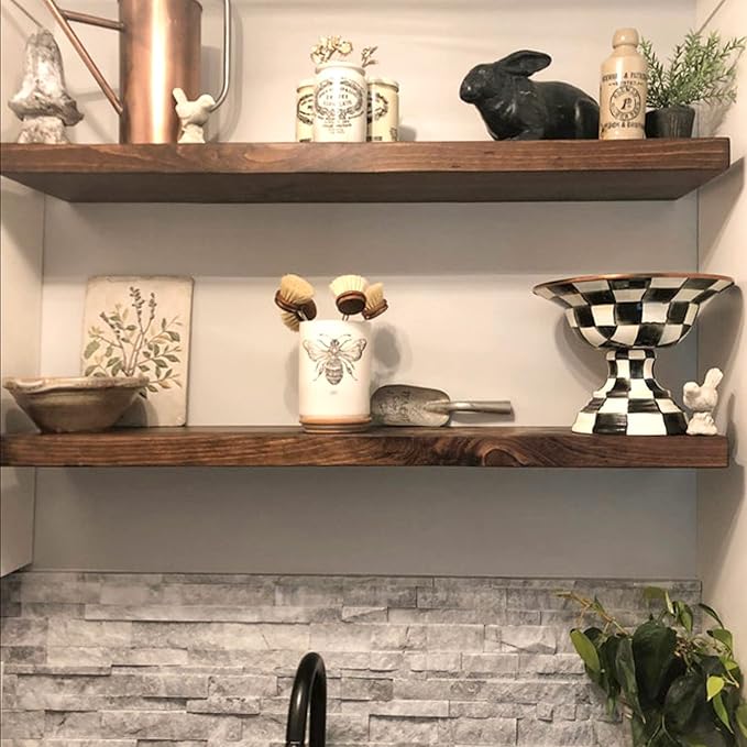 URBANDI, Rustic Floating Shelves, Set of 2, Hidden Bracket, Solid Wood, Heavy Duty, Wall Mounted Shelves, (Provincial, 24Wx10D)-Ruum Studio Home