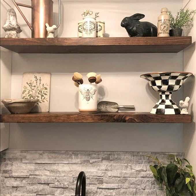 URBANDI, Rustic Floating Shelves, Set of 2, Hidden Bracket, Solid Wood, Heavy Duty, Wall Mounted Shelves, (Provincial, 24Wx12D)-Ruum Studio Home