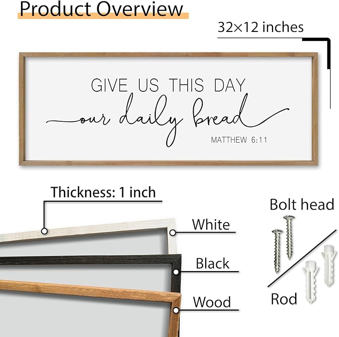 SRSZHIYUE Give Us This Day Our Daily Bread Sign Wall Decor Art 32"×12" Matthew 6:11 Dining Room Kitchen Large Wood Framed Wall Hanging (Wood)-Ruum Studio Home