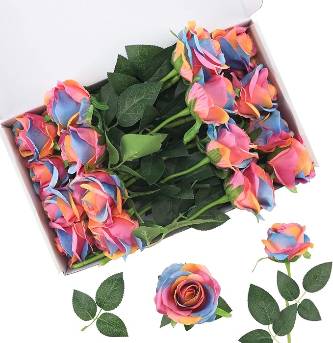 Rainbow Fake Roses Artificial Flowers - 16 Pcs Fake Artificial Roses Silk Flowers with Stems for Home Wedding Hotel Office Centerpiece Decor（Rainbow）-Ruum Studio Home