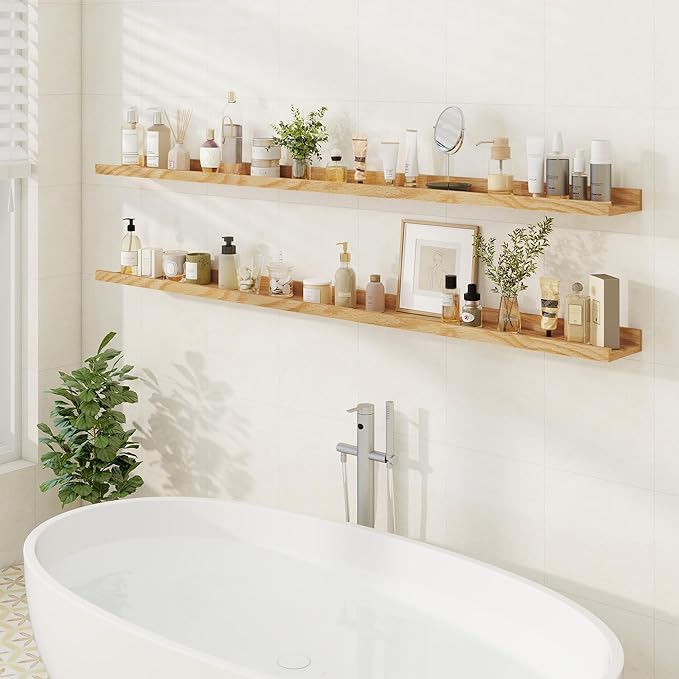 Floating Picture Ledge Shelves 72 Inch Solid Oak Wood Set of 2, Rustic Wall Storage Shelves with Lip, Kids Bookshelf, Photo & Picture Ledge Shelves for Bedroom, Living Room, Kitchen-Ruum Studio Home