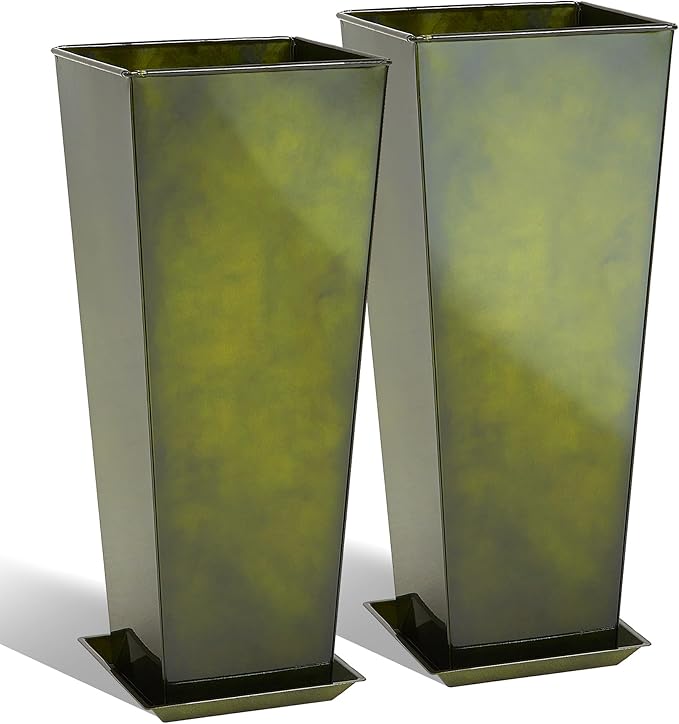 KOL 28''H. Tall Metal Planter with Saucer, Galvanized Steel Glazed Planter Pots with Drainage Hole for Indoor & Outdoor Use, Set of 2, Decorative Flower Plant Pots for Front Porch, Patio, Deck - Green-Ruum Studio Home