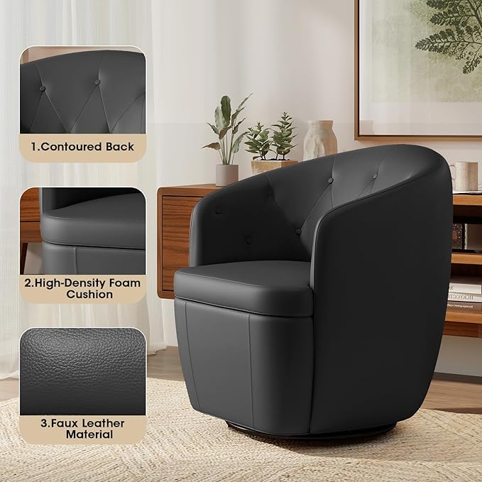360° Swivel Leather Accent Chair, Modern Barrel Club Chair with Leather Upholstery and Sturdy Base, Comfortable Armchair for Living Room, Bedroom, Reading Nook, Brown-Ruum Studio Home