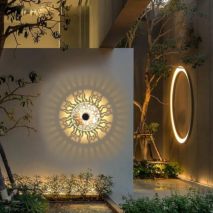 2 Pack Solar Fence Lights Metal Solar Powered Outdoor Wall Deck Lights Sun Moon Theme Waterproof Fence Light for Garden Post Patio Backyard Yard Decor (Face, 2 Pack)-Ruum Studio Home
