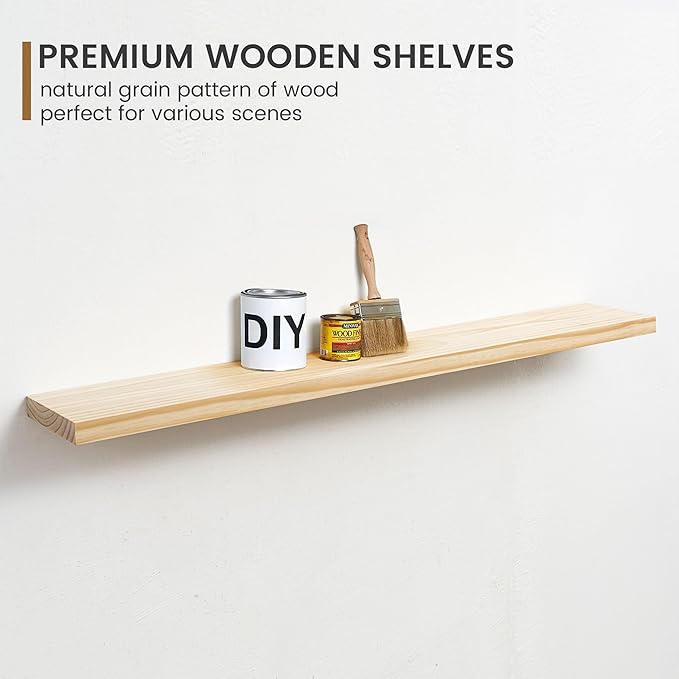 Fun Memories 48 Inch Floating Shelves for Wall, Deep Rustic Solid Pine Wood Floating Shelf - Farmhouse Wall Mounted Display Shelf with Heavy-Duty Metal Bracket, 48" W x 8" D, Set of 1, Unfinished-Ruum Studio Home