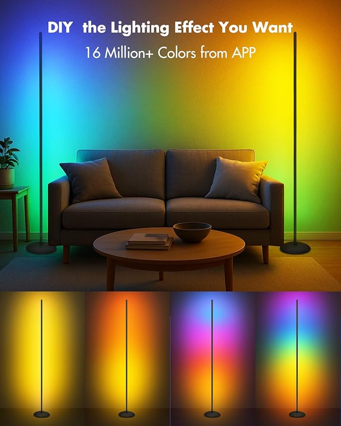 Corner Floor Lamp, Smart RGB LED Corner Lamp with App & Remote, Modern Floor Lamp with 16 Million Colors, Music Sync, Scene Modes, Color Changing Standing Lamps for Living Room, Bedroom-Ruum Studio Home